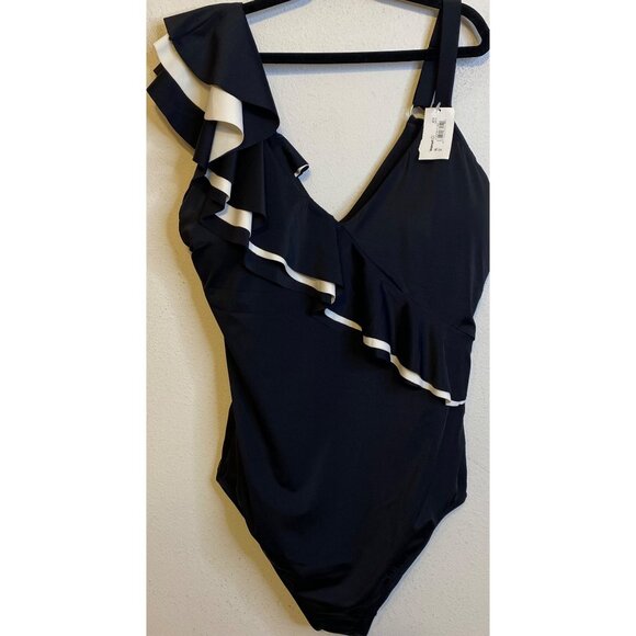 NEW Sofia Vergara Plus Size 1x 16W 18W Ruffle Black White Swimsuit Bathing Suit - Picture 1 of 4